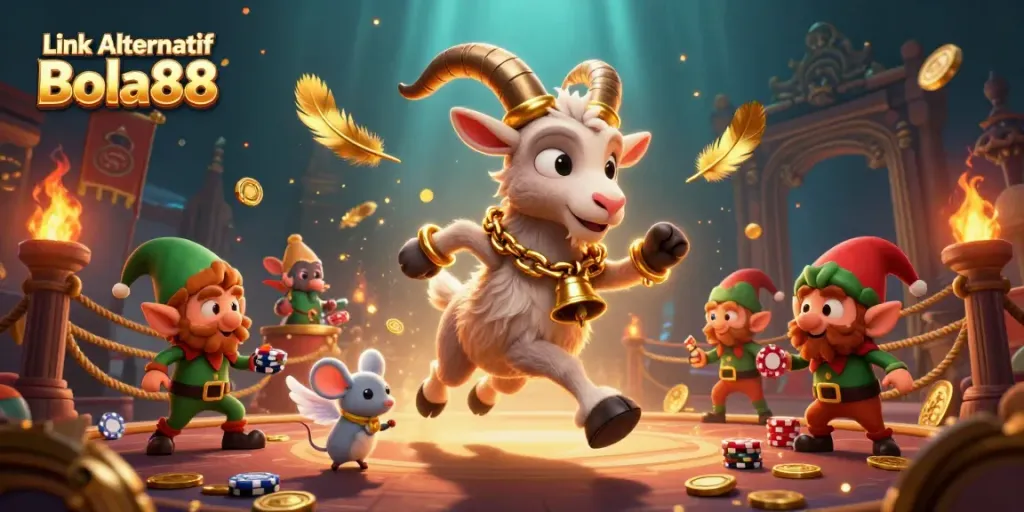 Engage with Link Alternatif Bola88 in a bustling casino full of festive characters and vibrant, dynamic gaming elements.
