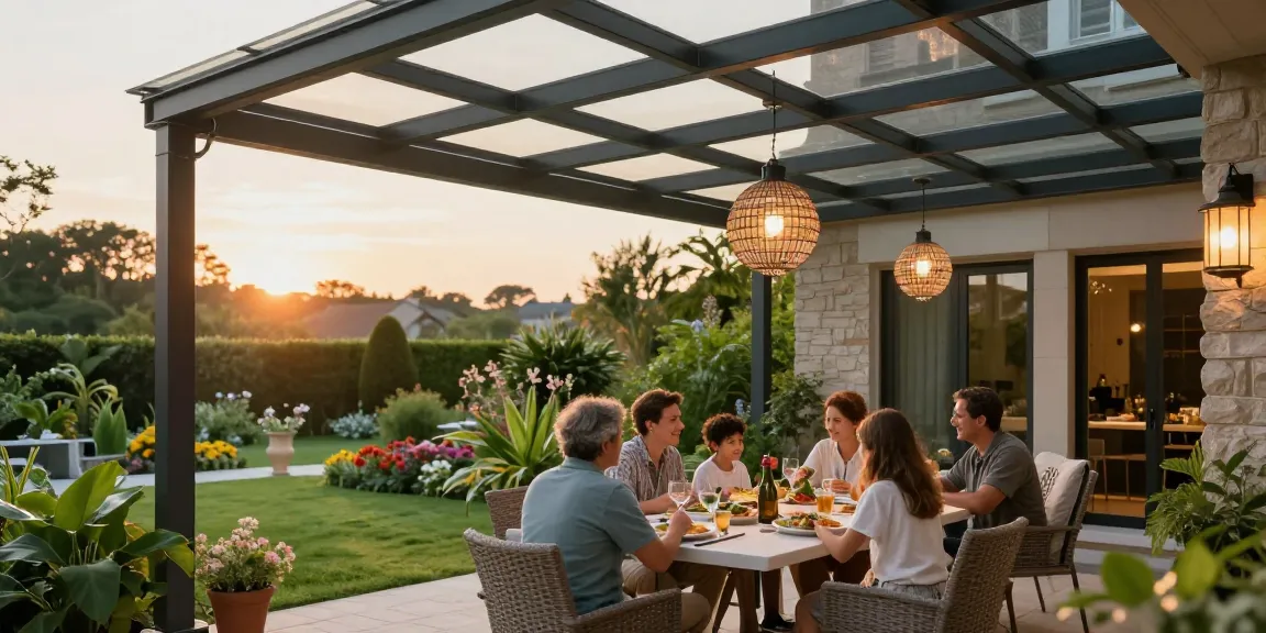 Moderne Terrassenüberdachung in einem Garten mit einer Familie beim Abendessen.