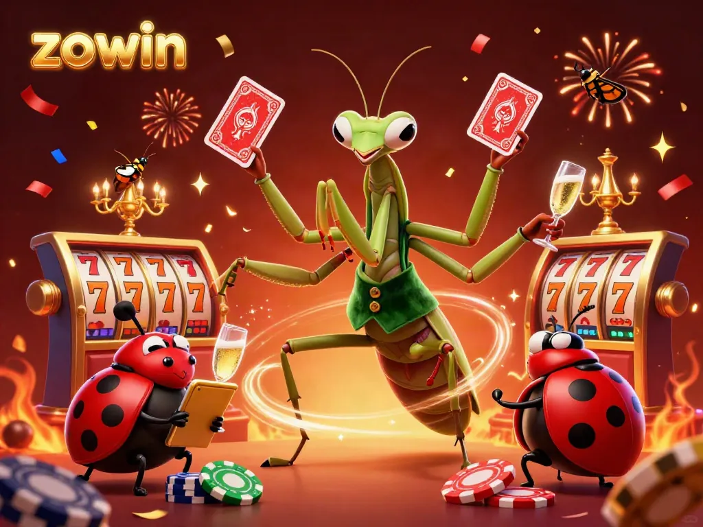 Experience intense winning moments at ZOWIN casino with a lively 3D illustration of engaging characters amidst slot reels and festive elements.