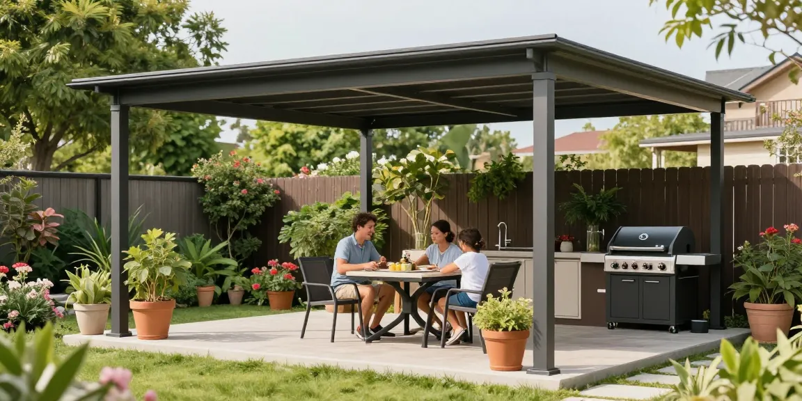 Freistehende Terrassenüberdachung im Garten mit Familie und Möbeln.