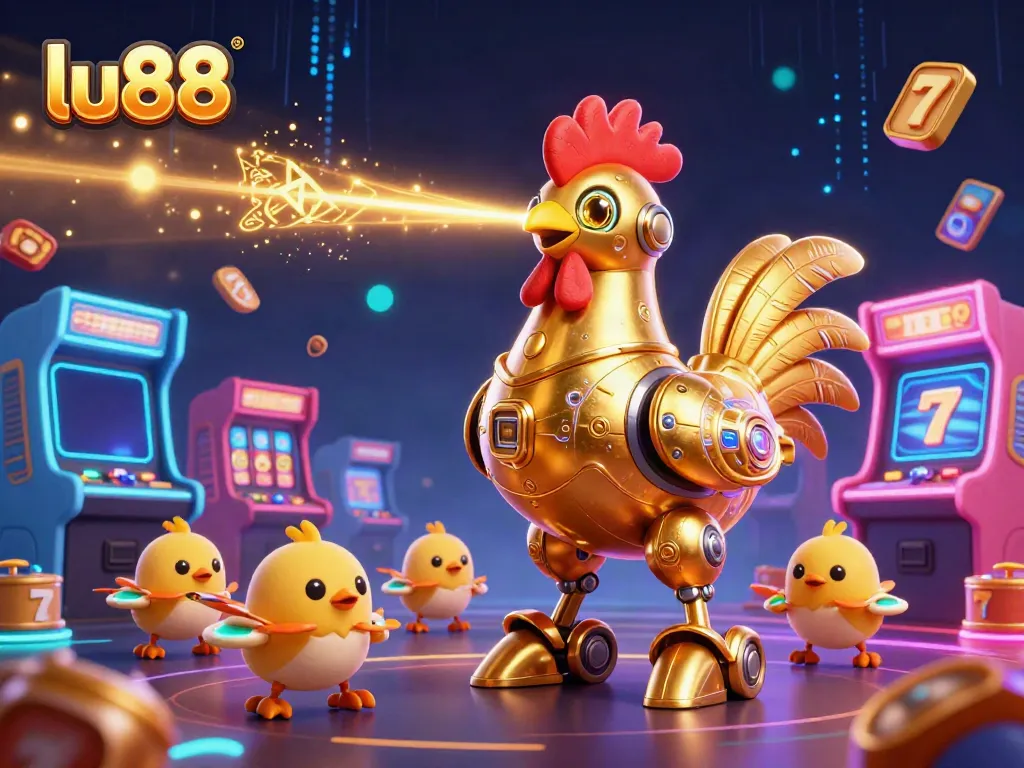 Engage with lu88, featuring a golden rooster robot and baby chick drones in a vibrant casino scene.