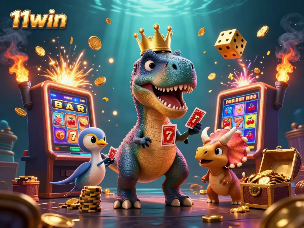 Engage with 11win featuring a playful T-Rex shuffling cards amidst a vibrant casino scene filled with golden chips and light.