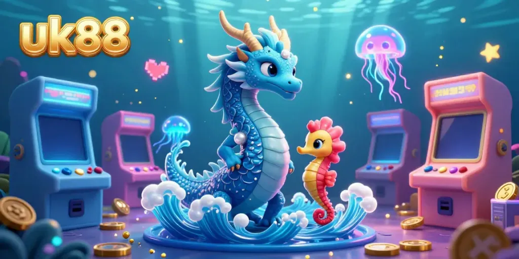 Experience thrilling gameplay at uk88 with a fantasy scene featuring an azure dragon, seahorse knight, and glowing jellyfish.