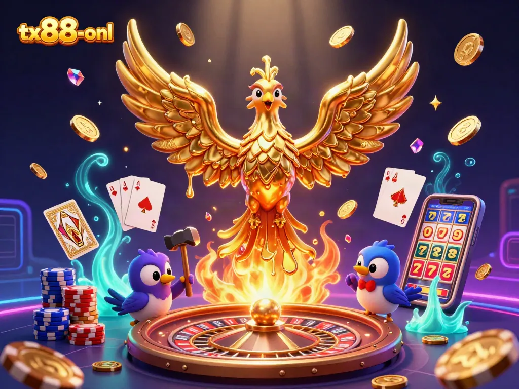 Experience exhilarating gaming at tx88-onl with a phoenix and vibrant casino elements colliding in a thrilling scene.