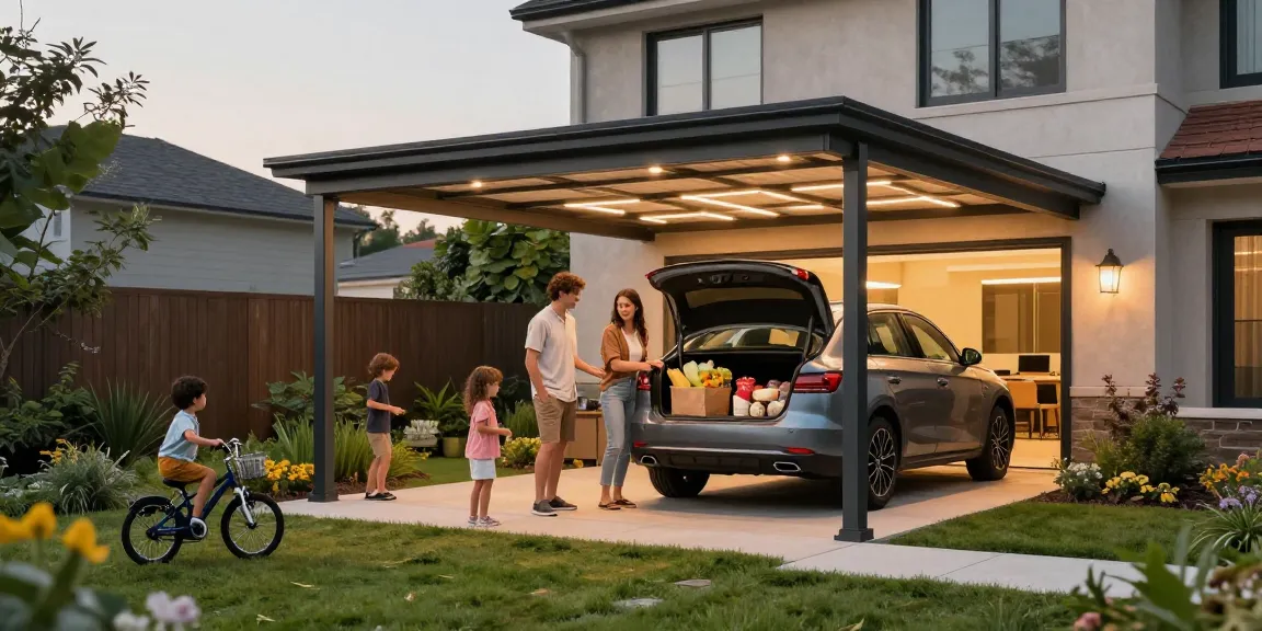 Carport als stilvolle Lösung für Fahrzeugschutz und Familienaktivitäten in einem modernen Garten.