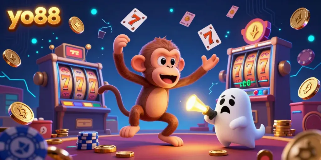 Experience the thrilling atmosphere of yo88 as a poltergeist monkey juggles casino treasures amid colorful slot games.
