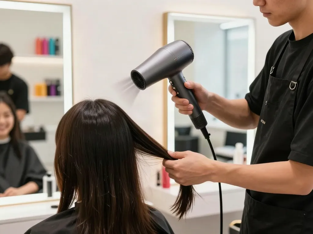 Hochgeschwindigkeits-Haartrockner wird in einem modernen Schönheitssalon verwendet, um perfekte Frisuren zu kreieren.