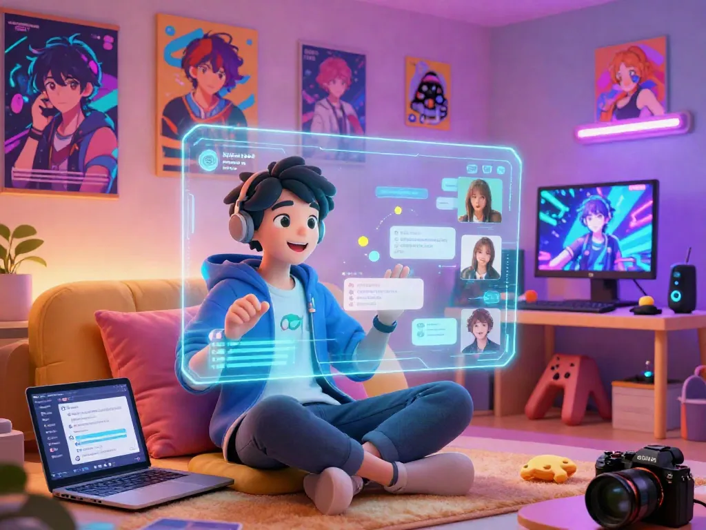 Engaging ai hentai chat scene featuring an animated character in a cozy setting, surrounded by colorful visuals.