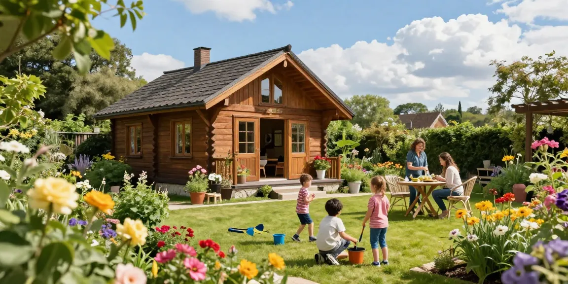 Gemütliches Gartenhaus umgeben von Blumen und spielenden Kindern im Garten.