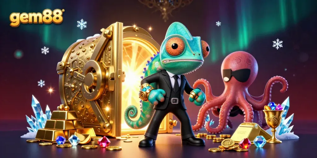 Experience the excitement of gem88 with a vibrant scene showcasing colorful characters and gold treasures.