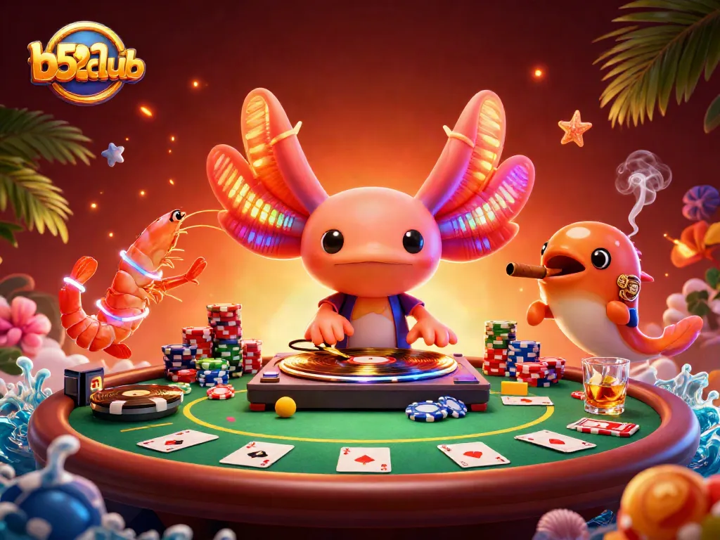 Engage with b52club’s vibrant casino energy illustrated by axolotl DJ and dancing sea creatures.