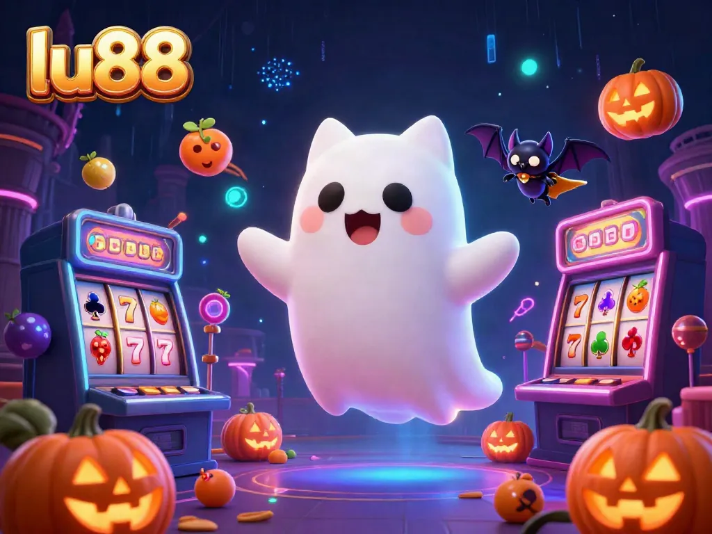 Experience thrilling gameplay with LU88 in a vibrant haunted casino featuring slot machines and glowing jack-o-lanterns.