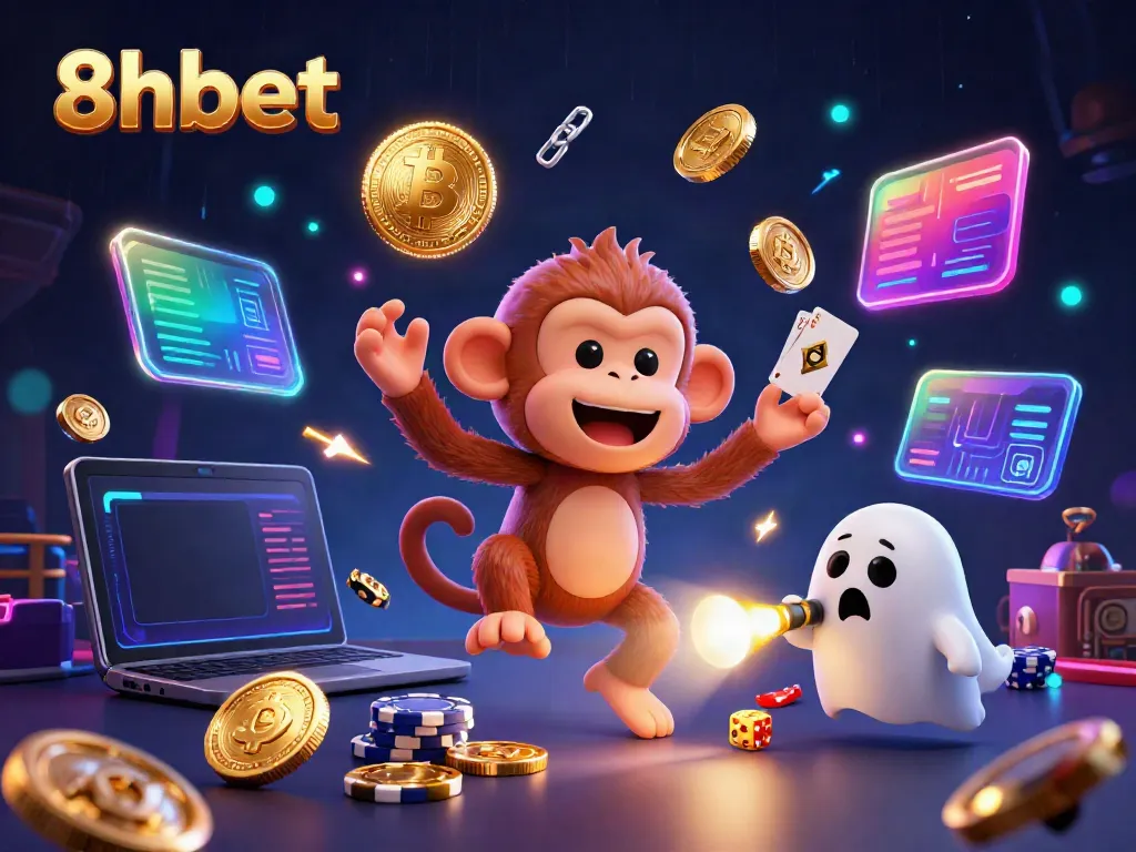 Experience the thrilling excitement of 8xbet's haunted casino featuring a mischievous monkey and a curious puppy.