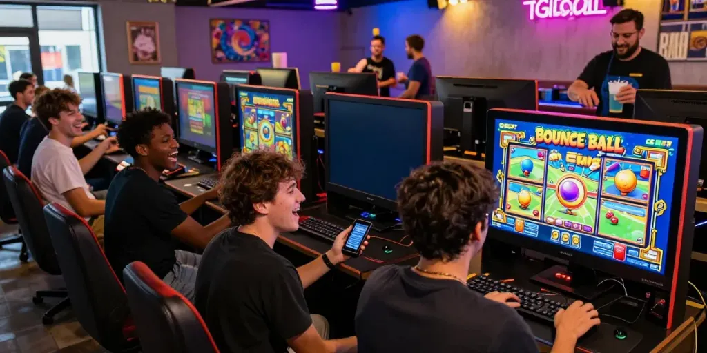 Players enjoying GGSOFT Bounce Ball Slot Game in a vibrant gaming lounge.