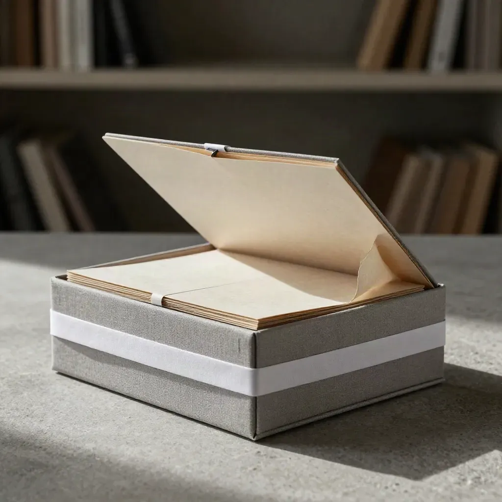 Minimale Positionierungs-Box mit Karten und Stoffband auf Stein, schräg von oben.