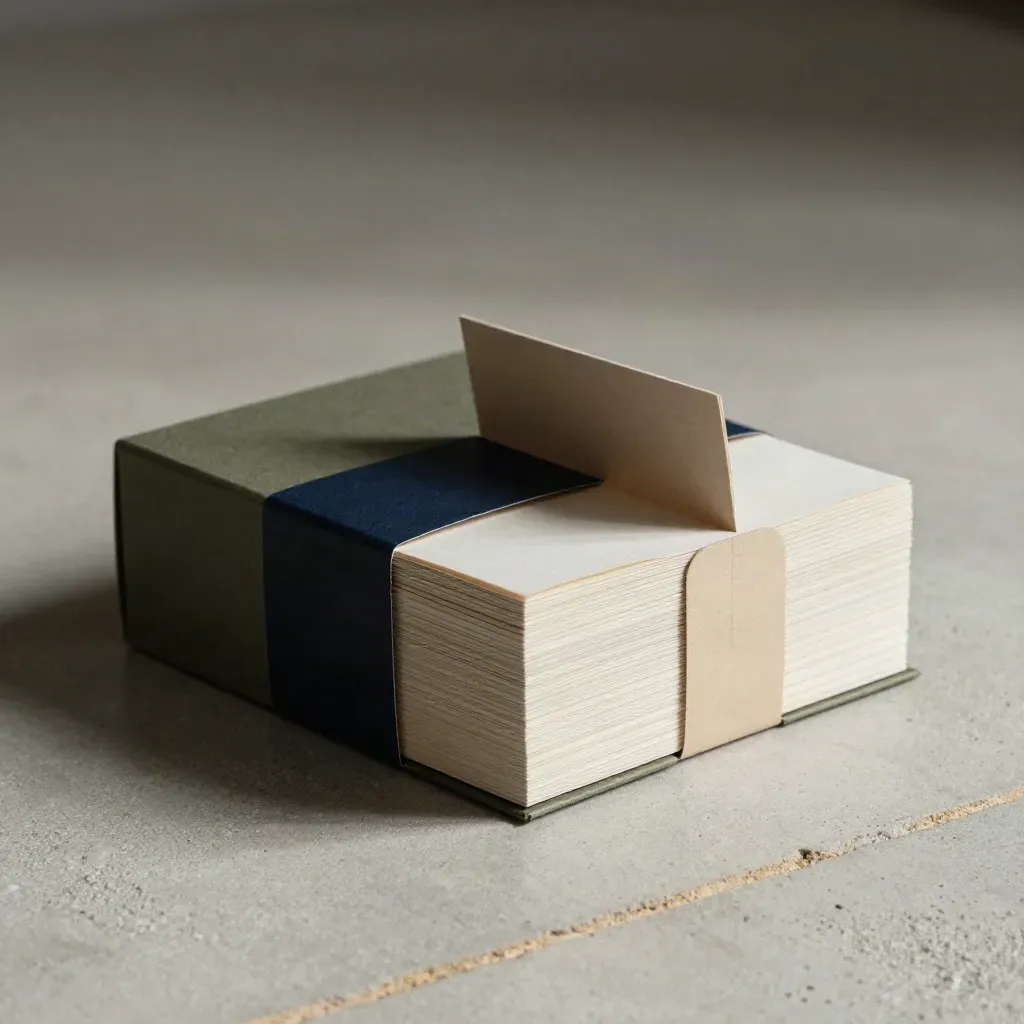 Lead-Magnet-Plan-Box mit Einleger, Papierband und Karten auf Stein, von oben.