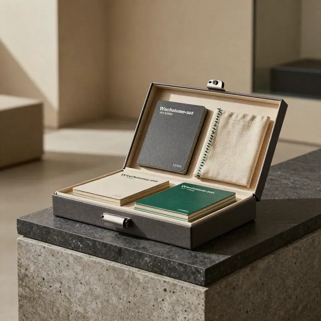 Geöffnete Wachstums-Box mit Modulen, Karten, Stoffband und Metallklemme auf Steinsockel.