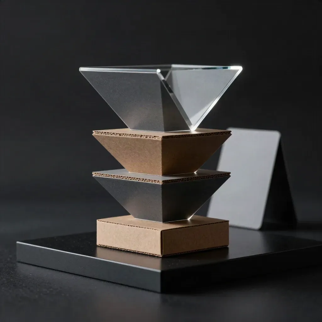 Ein dreistufiger Funnel-Turm kippt dramatisch auf dunkler Studiofläche.