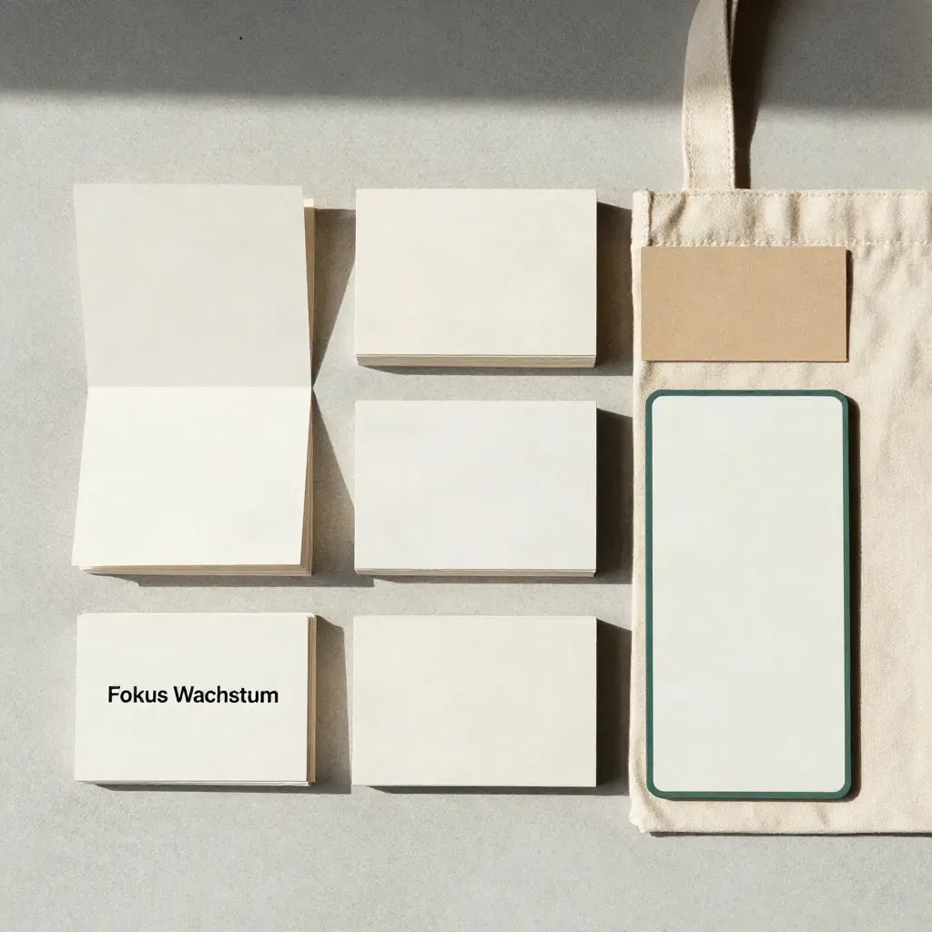 Workshop-Kit mit Karten, Stofftasche und Taktiktafeln auf hellem Beton, von oben fotografiert.