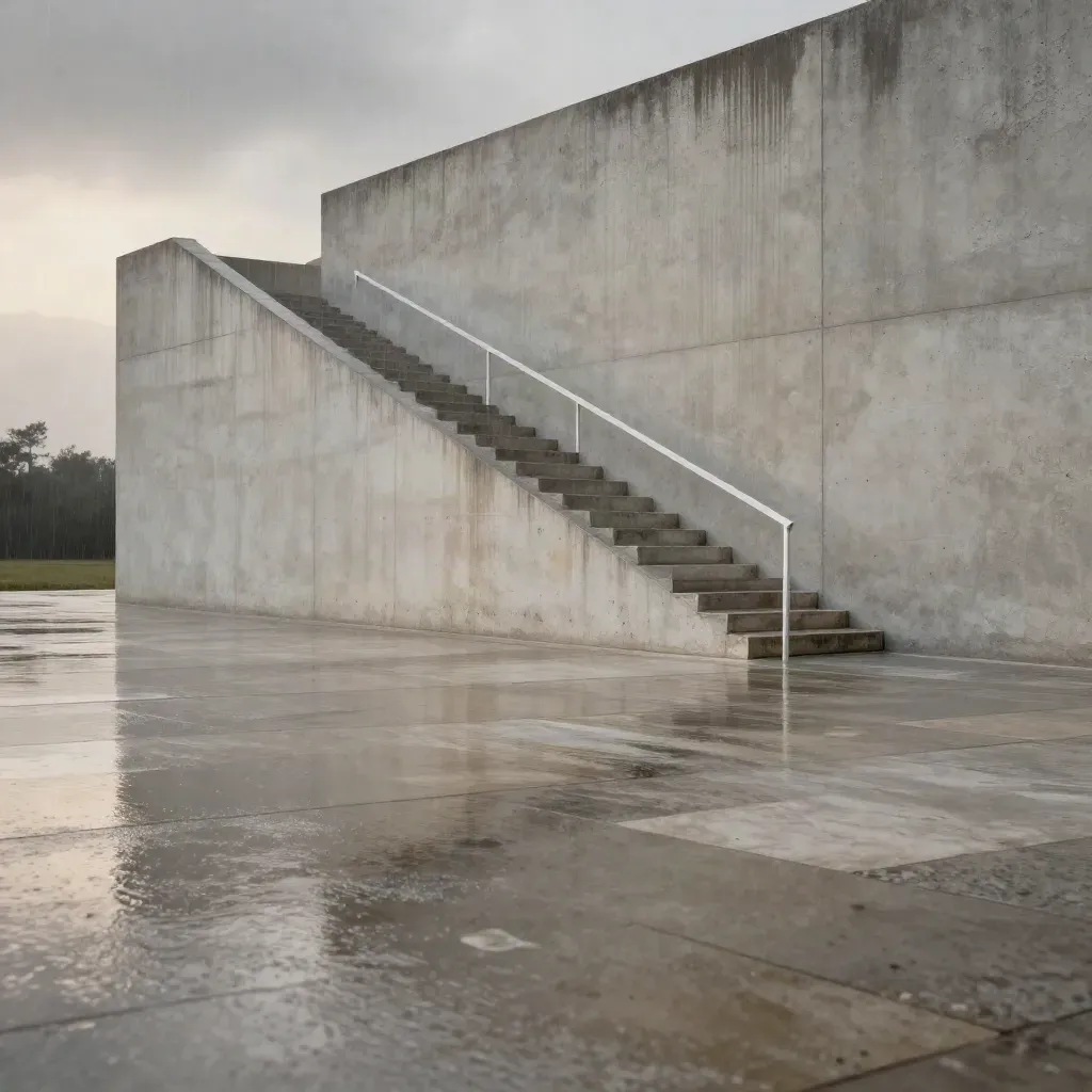 Gestaffelte Betonarchitektur mit Treppe im Nieselregen, ruhig und monumental.