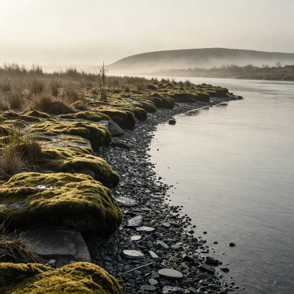 Moosige Flussbank im Morgennebel mit ruhigem Wasser und weitem, stillen Vordergrund.