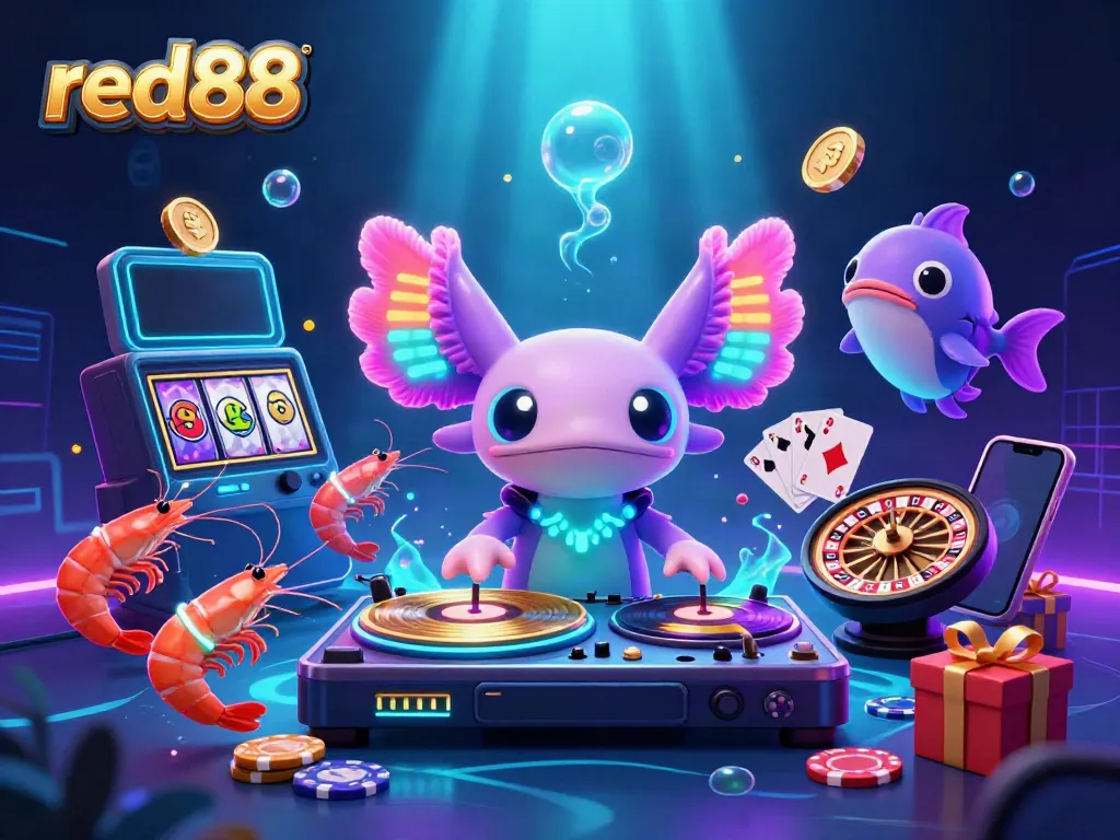 Experience vibrant gameplay with red88 in this dynamic underwater axolotl DJ scene.