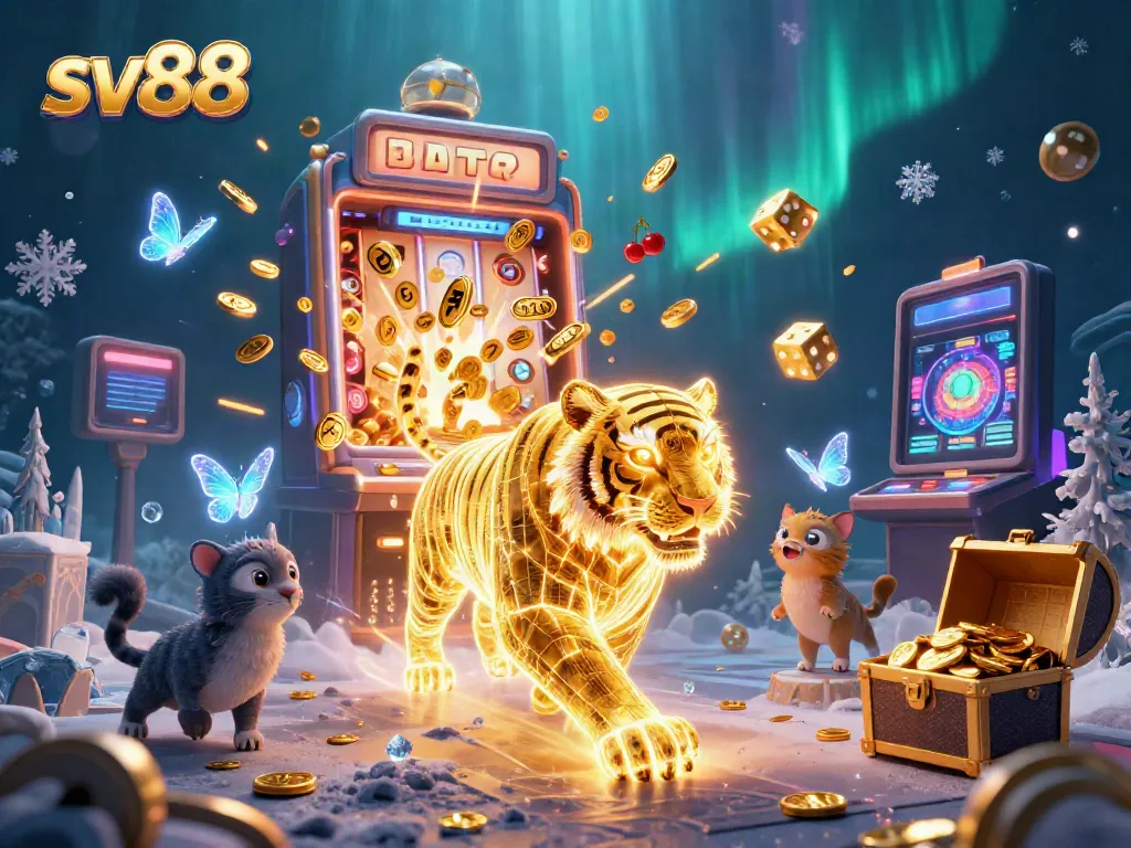 Engage with sv88's vibrant casino scene featuring a neon tiger and jackpot elements.