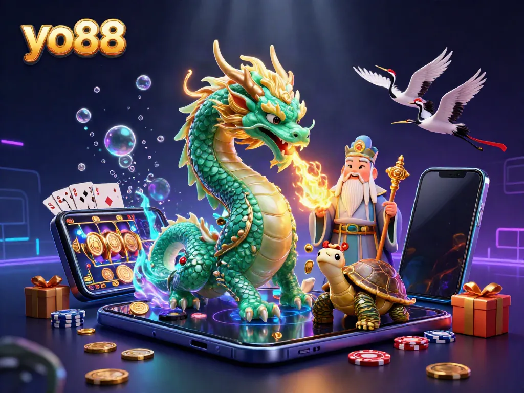 Experience thrilling gaming adventures with yo88's vibrant dragon and lucky cranes illustration.