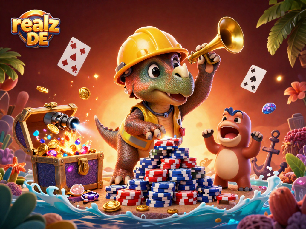 realz DE feiert mit einem 3D-Triceratops, der eine Pokerchips-Pyramide baut, umgeben von faszinierenden Casino-Elementen.