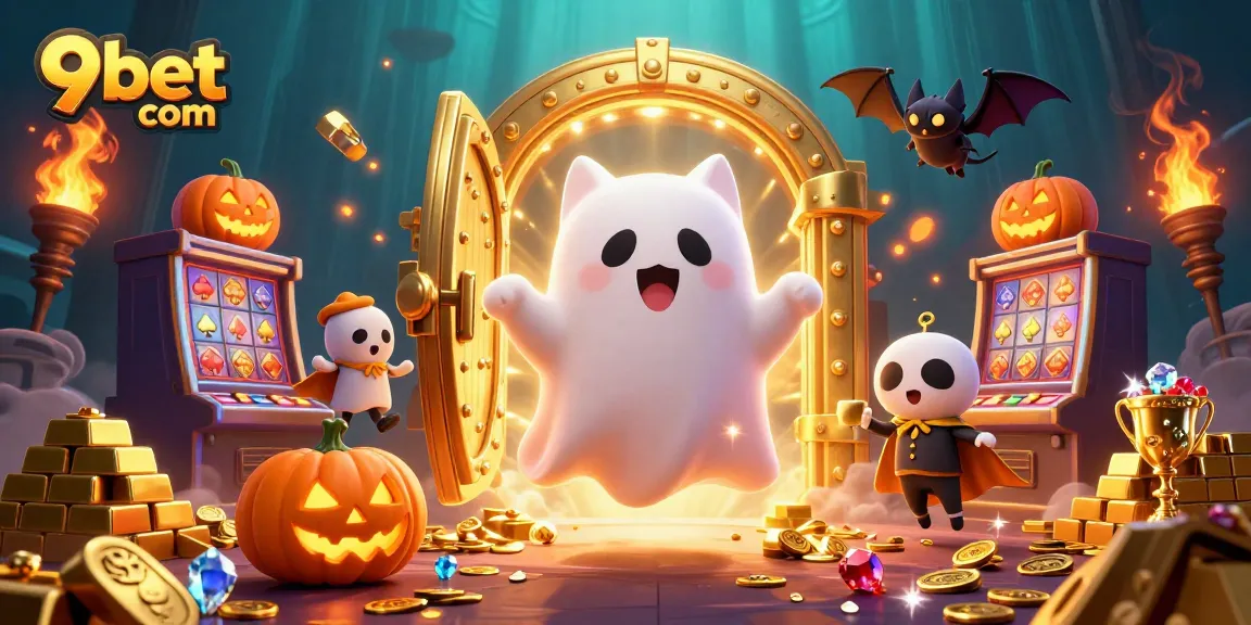 Engage with 9bet com in a vibrant haunted casino scene featuring a playful ghost cat and treasures.