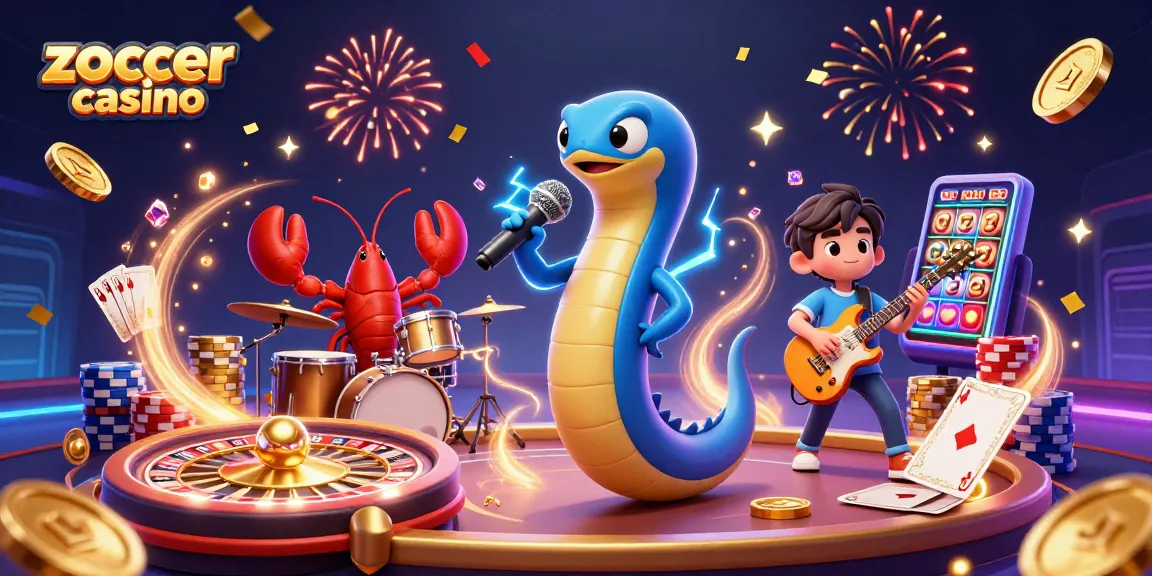 Zoccer casino showcases electric eel DJ, lobster drummer, and seahorse guitarist performing in an underwater stage.