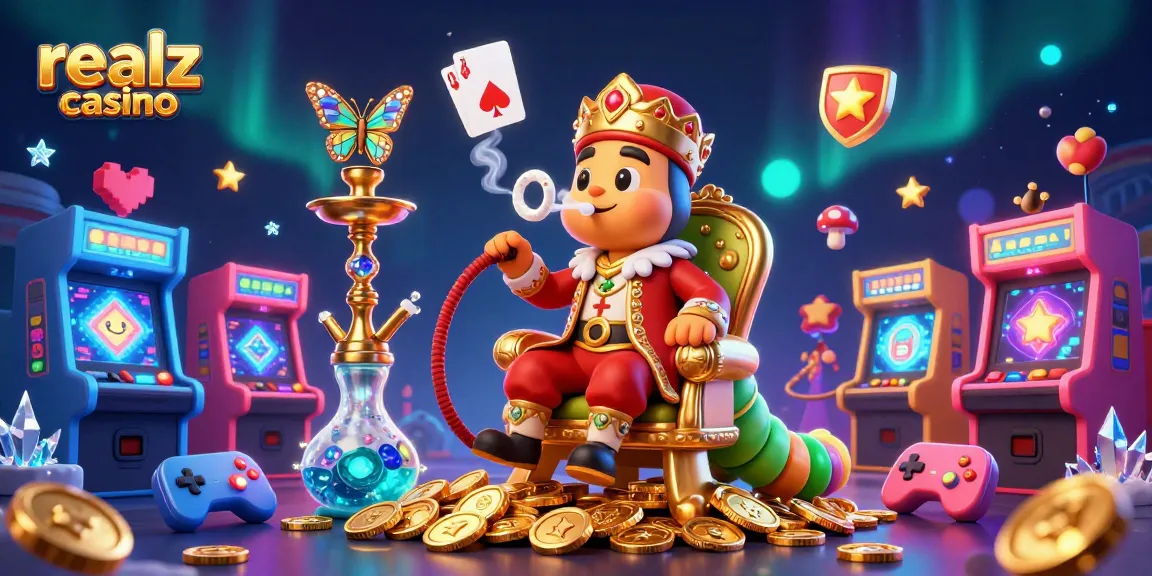 Experience realz casino with an enchanting illustration of a hookah-master and dynamic gaming elements.