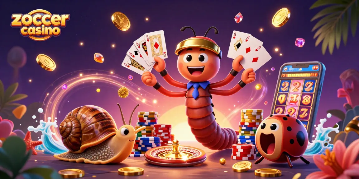 Experience the thrill of Zoccer Casino with a dazzling gaming scene featuring colorful characters and casino elements.
